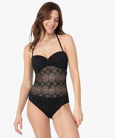 GEMO Maillot de bain femme une pièce en maille ajourée Noir