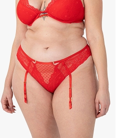 GEMO Tanga femme grande taille en dentelle avec porte-jarretelles amovibles Rouge