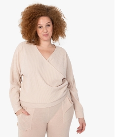 tee-shirt femme grande taille a manches longues forme cache-cœur beige hauts de pyjamaG086701_1