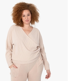 tee-shirt femme grande taille a manches longues forme cache-cœur beigeG086701_1