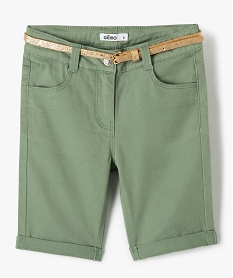 bermuda fille extensible coupe slim avec revers et ceinture pailletee vert shortsG125201_1