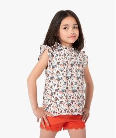 blouse fille sans manches a motif fleuri et volants beigeG136001_1