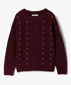 GEMO Pull fille à col rond avec perles brodées Rouge