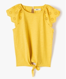 GEMO Tee-shirt fille avec épaules en broderie anglaise et bas à nouer Jaune