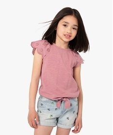 GEMO Tee-shirt fille avec épaules en broderie anglaise et bas à nouer Rouge