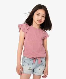 GEMO Tee-shirt fille avec épaules en broderie anglaise et bas à nouer Rose