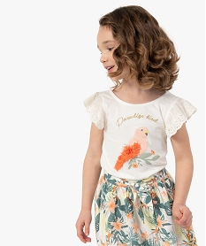 GEMO Tee-shirt fille à manches courtes en dentelle anglaise et broderie Beige