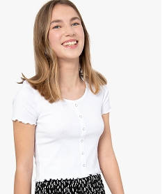 GEMO Tee-shirt fille à côtes à finition roulottée Blanc