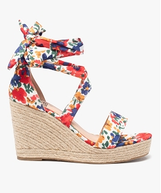 GEMO Sandales femme à talon compensé dessus en tissu imprimé Multicolore