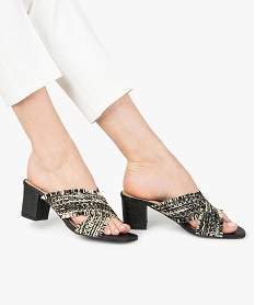 GEMO Mules femme à talon et brides en fibres tressées noir standard