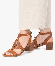 GEMO Sandales femme à talon et bride centrale avec anneau marron standard