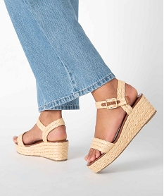 GEMO Sandales femme à talon compensé et brides en fibre tressée beige standard