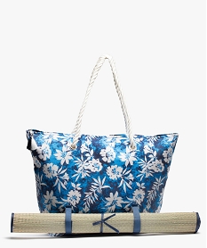 sac de plage femme motif fleurs et tie-and-dye avec natte integree bleuG191701_1