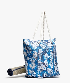 sac de plage femme motif fleurs et tie-and-dye avec natte integree bleuG191701_2