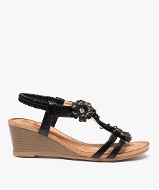 GEMO Sandales femme à talon compensé ornées de fleurs et strass noir standard
