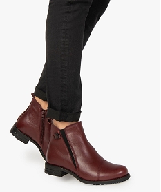 GEMO Boots femme à talon plat dessus en cuir uni Rouge