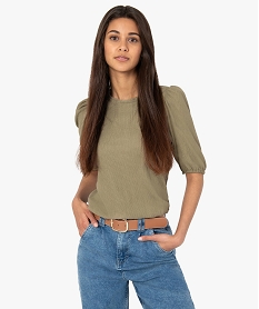 GEMO Tee-shirt femme en maille texturée à manches ballon Vert