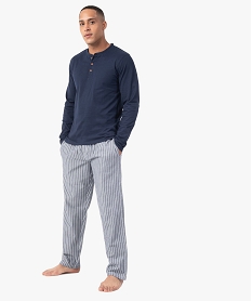 GEMO Pyjama homme avec haut uni et pantalon rayé Bleu