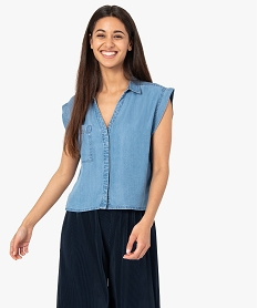 chemise femme courte sans manches en lyocell bleu chemisiersG239101_1