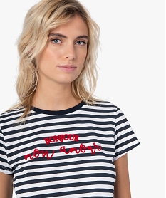 tee-shirt femme raye avec inscription velours imprimeG239501_2