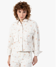 GEMO Veste femme en jean courte à motifs fleuris Blanc