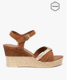 GEMO Sandales femme à talon compensé dessus cuir – Tanéo marron standard