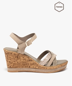GEMO Sandales femme à talon compensé et brides cuir - Tanéo marron fonce