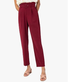 GEMO Pantalon femme ample avec ceinture à boucle ton sur ton Rouge