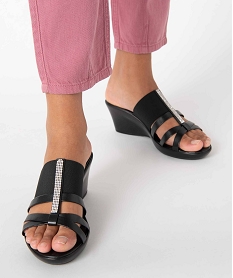 GEMO Mules femme à talon compensé et brides élastiques noir standard