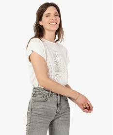 GEMO Pull femme à manches courtes avec devant ajouré Beige