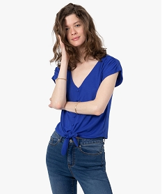 GEMO Tee-shirt femme à manches courtes et col V noué dans le bas Bleu