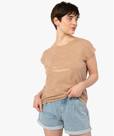 GEMO Tee-shirt femme sans manches avec inscription pailletée Beige