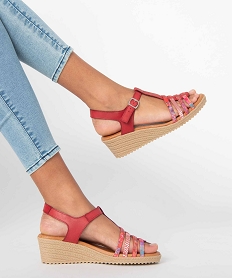GEMO Sandales femme compensées dessus cuir multicolore Rouge