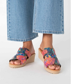 GEMO Mules femme à talon compensé dessus cuir multicolore Multicolore