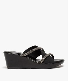 GEMO Mules femme à talon compensé et brides strass noir standard