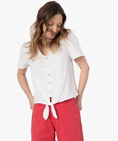 GEMO Blouse femme brodée à manches courtes et bas noué Beige
