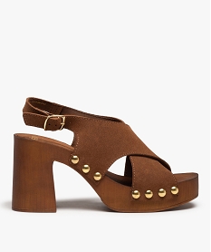 GEMO Sandales femme style sabots à talon dessus cuir clouté marron standard