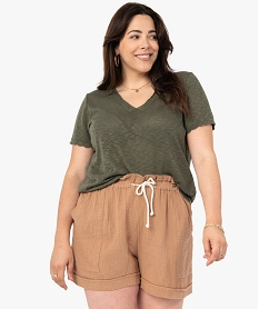 GEMO Tee-shirt femme grande taille en maille avec col V Vert