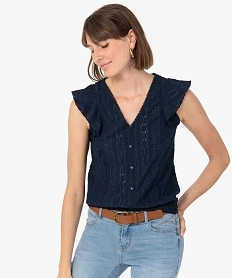 tee-shirt femme a manches courtes en maille ajouree bleuG298001_1