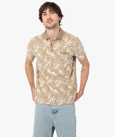 GEMO Polo homme en maille piquée et motif feuillage Beige