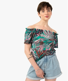 GEMO Tee-shirt femme imprimé avec large col froncé Orange