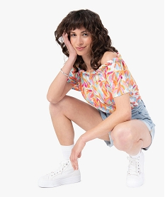 GEMO Tee-shirt femme imprimé avec large col froncé Imprimé