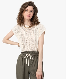 GEMO Pull femme sans manches en maille ajourée Beige