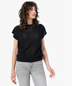 GEMO Pull femme sans manches en maille ajourée Noir