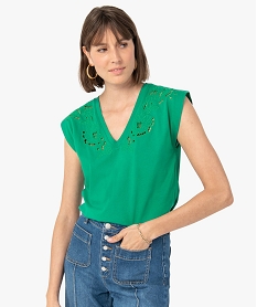 GEMO Tee-shirt femme sans manches avec broderies ajourées Vert