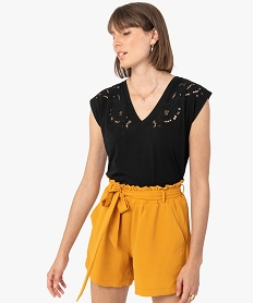 GEMO Tee-shirt femme sans manches avec broderies ajourées Noir