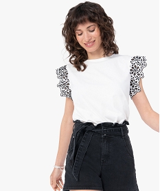 GEMO Tee-shirt femme avec manches volantées brodées Beige
