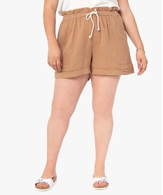 GEMO Short femme grande taille en gaze de coton à taille élastiquée Brun