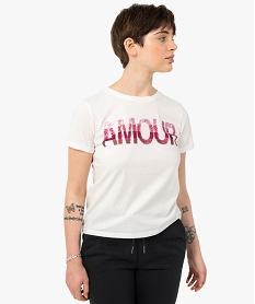 GEMO Tee-shirt femme à manches courtes avec inscription en sequins Blanc