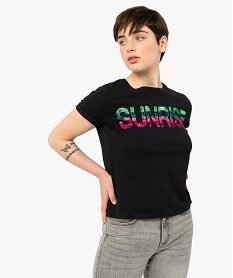 GEMO Tee-shirt femme à manches courtes avec inscription en sequins Noir